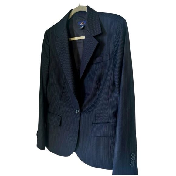 Brooks Brothers Fitted Navy Blue  Striped 100% Wool One-Button Blazer Size 12 - Picture 3 of 10